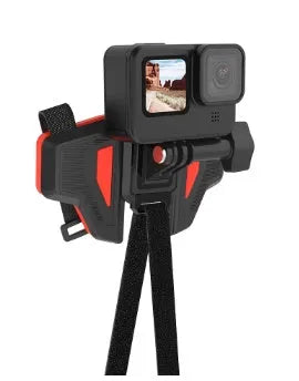Black universal motorcycle helmet chin strap mount for GoPro and action cameras with silicone strap and nylon buckles.