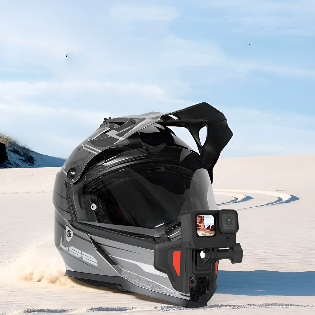 Black universal motorcycle helmet chin strap mount for GoPro and action cameras with silicone strap and nylon buckles.