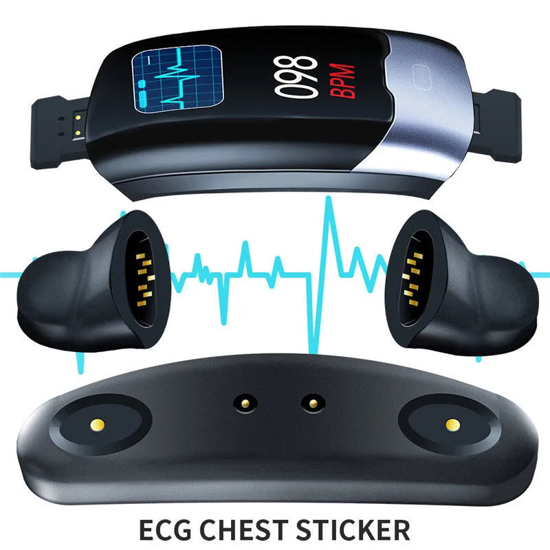 Smart bracelet with digital display showing heart rate monitoring, available in black, blue and red colours