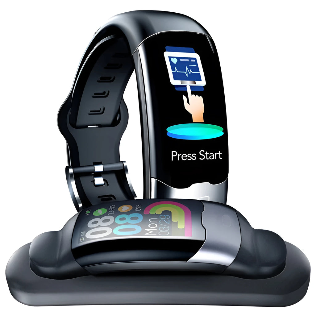 Smart bracelet with digital display showing heart rate monitoring, available in black, blue and red colours