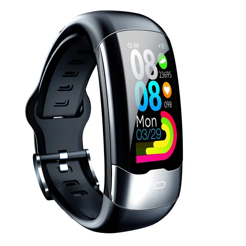 Smart bracelet with digital display showing heart rate monitoring, available in black, blue and red colours