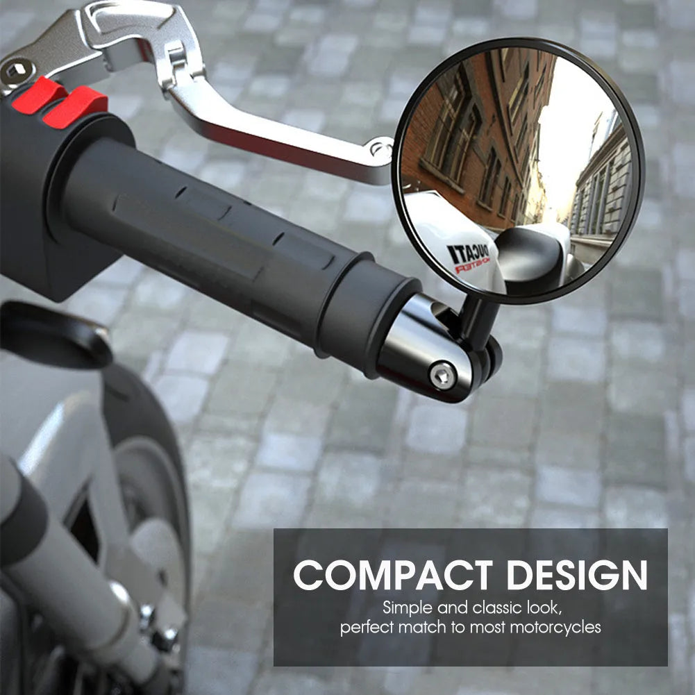 Pair of round motorcycle handle mirrors, 113x89mm, black convex and flat versions shown