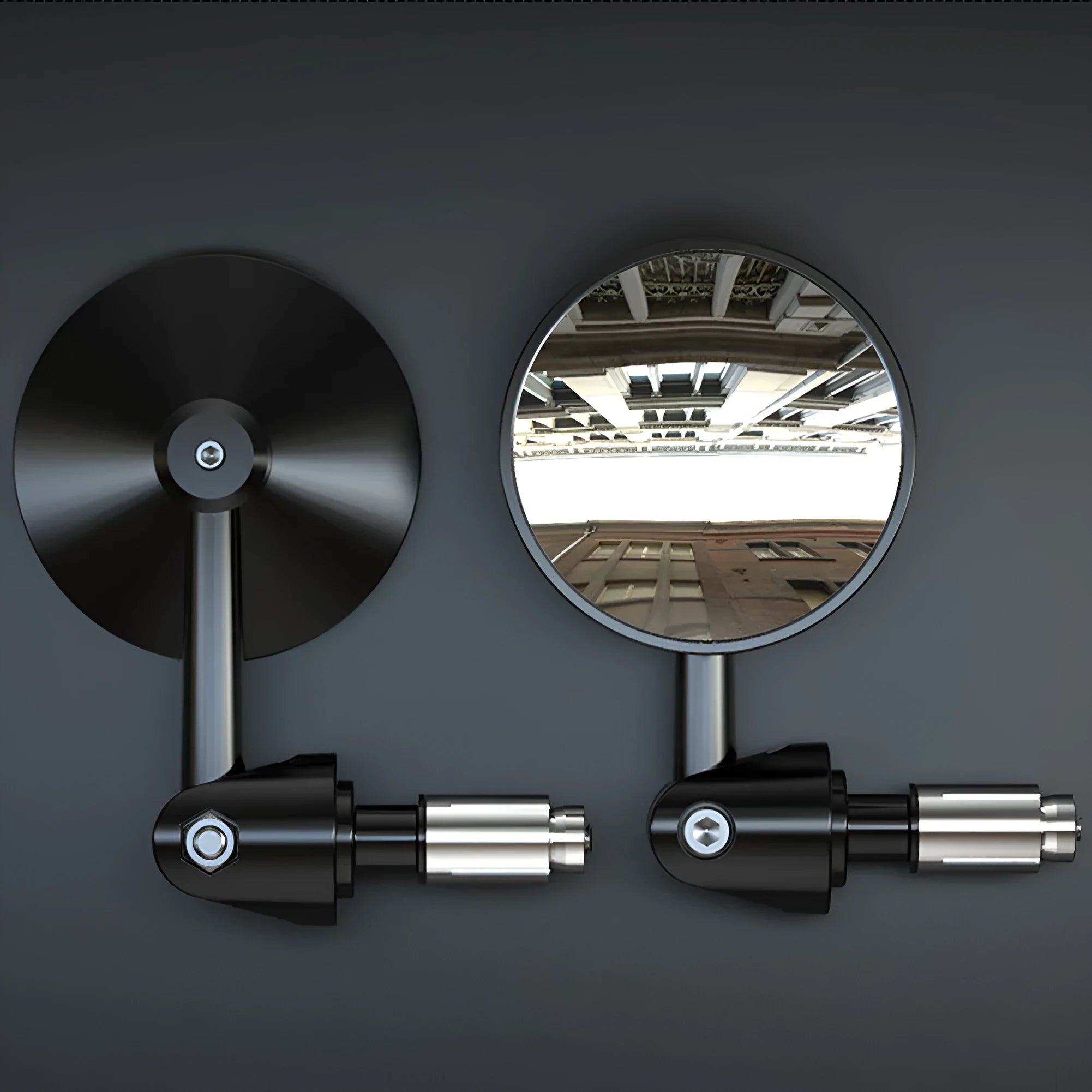 Pair of round motorcycle handle mirrors, 113x89mm, black convex and flat versions shown