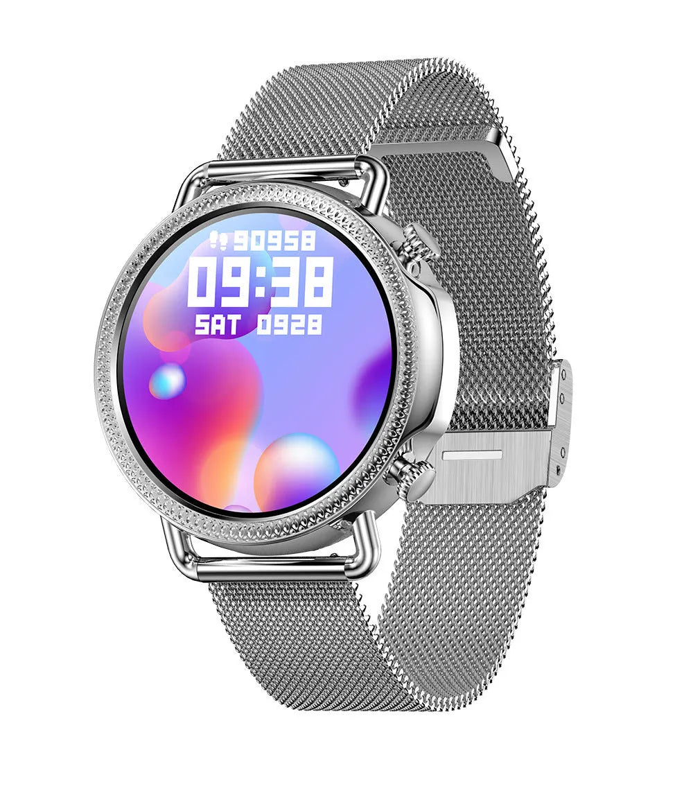 Women's smart watch with full touch screen and silicone strap in black, showing step count and time display