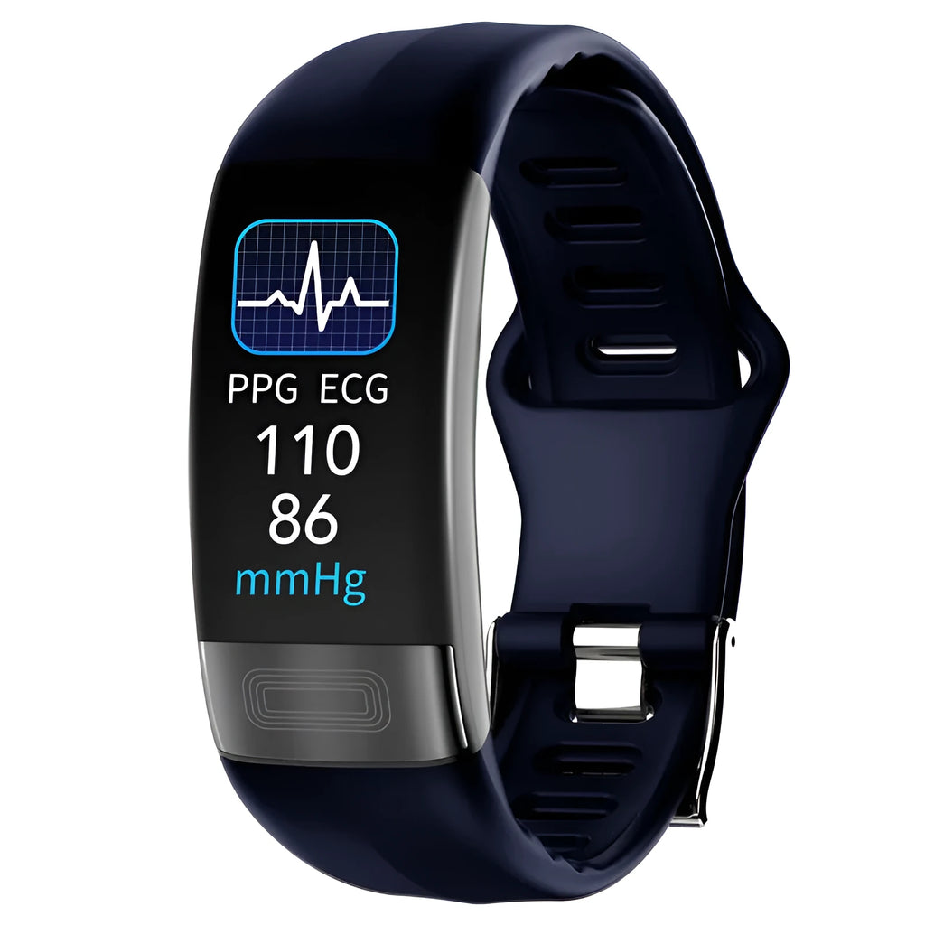 Smart bracelet with ECG heart rate blood pressure blood oxygen body temperature monitoring in black with touch screen on wrist