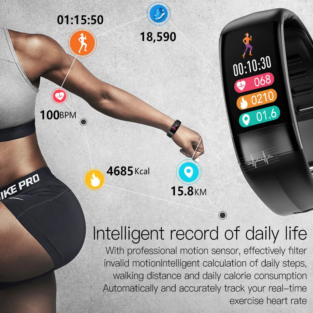 Smart bracelet with ECG heart rate blood pressure blood oxygen body temperature monitoring in black with touch screen on wrist