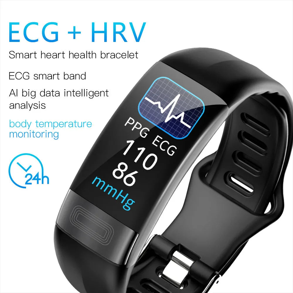 Smart bracelet with ECG heart rate blood pressure blood oxygen body temperature monitoring in black with touch screen on wrist