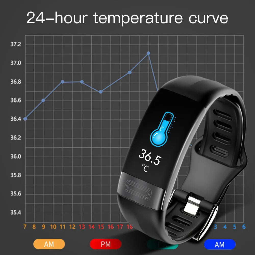 Smart bracelet with ECG heart rate blood pressure blood oxygen body temperature monitoring in black with touch screen on wrist