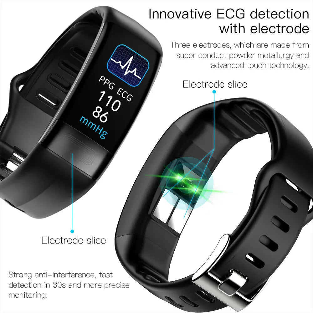 Smart bracelet with ECG heart rate blood pressure blood oxygen body temperature monitoring in black with touch screen on wrist