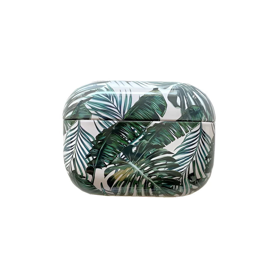 Blue TPU AirPods case cover with a detailed tropical banana leaf pattern.