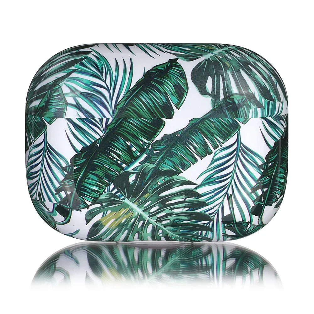 Blue TPU AirPods case cover with a detailed tropical banana leaf pattern.