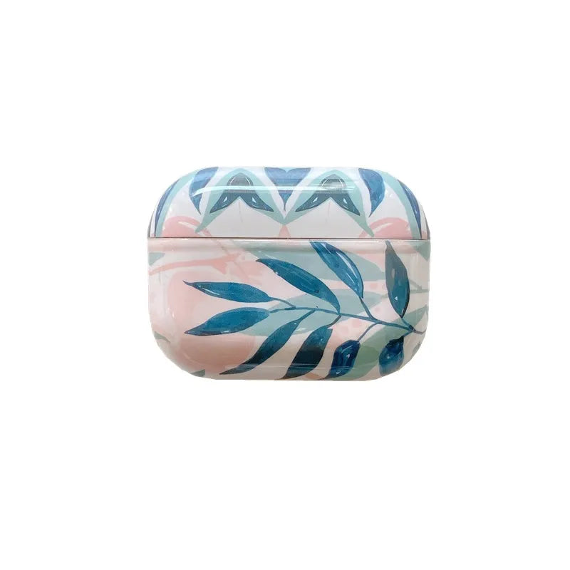 Blue TPU AirPods case cover with a detailed tropical banana leaf pattern.