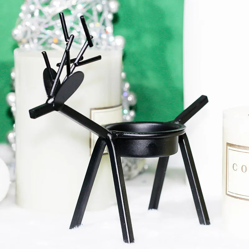 Black iron Christmas deer candlestick holder with Santa Claus and snowman decoration
