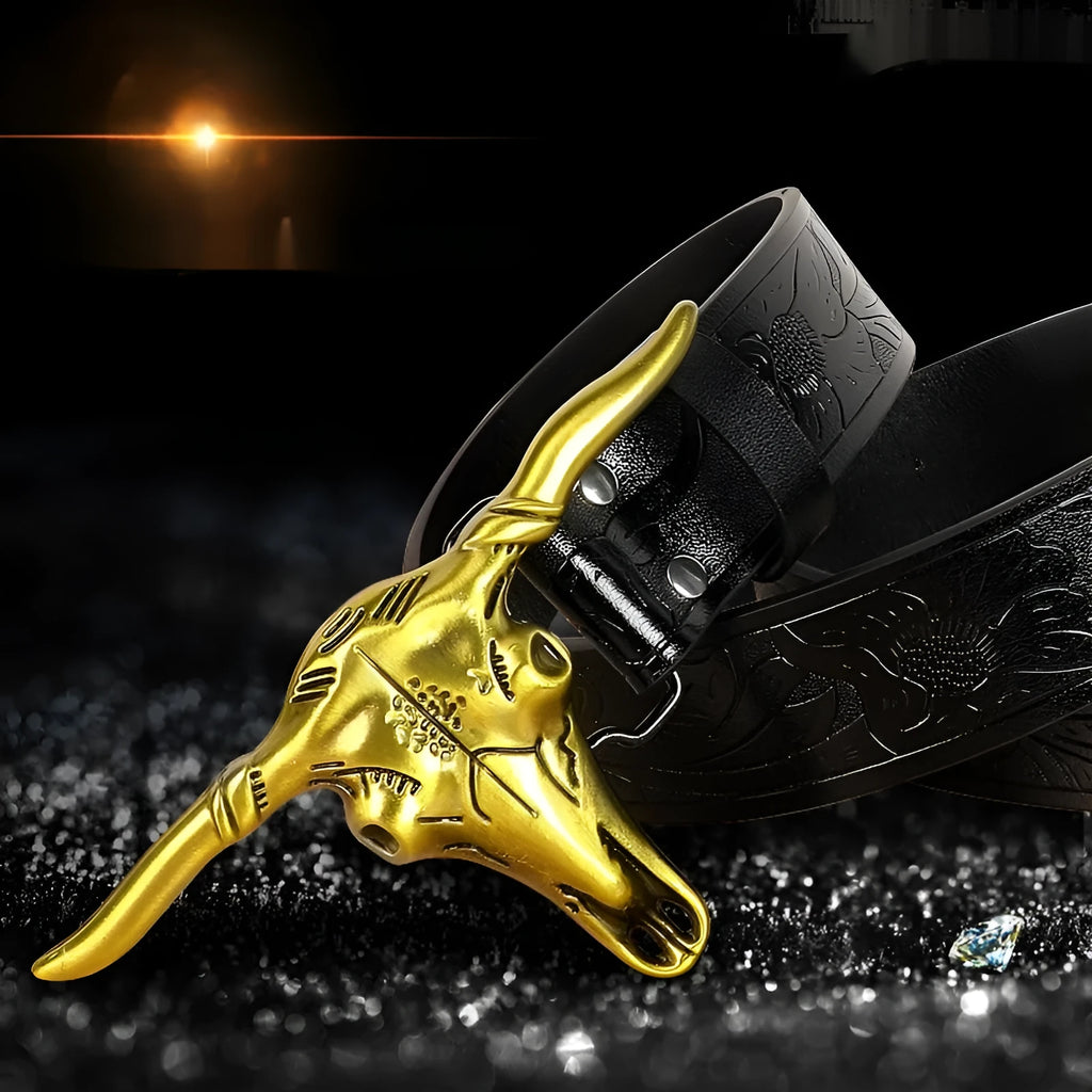 Men's black belt with a detailed cow head alloy buckle and pin buckle fastening.