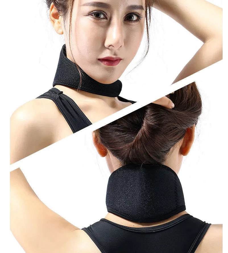 Self-heating neck guard with five magnets adjustable strap black tourmaline 49x11cm