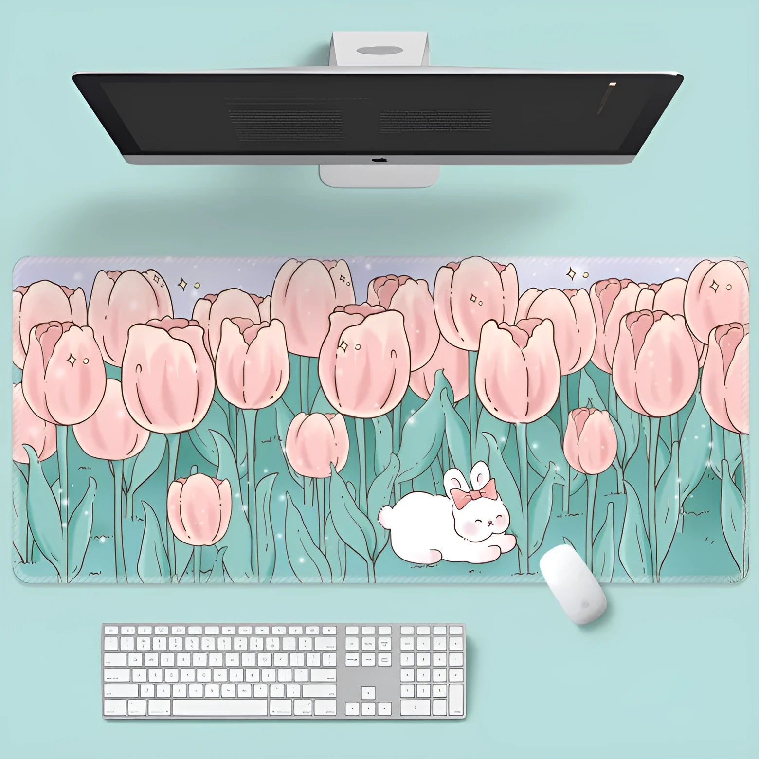Large floral pattern mouse pad on a desk with keyboard and mouse