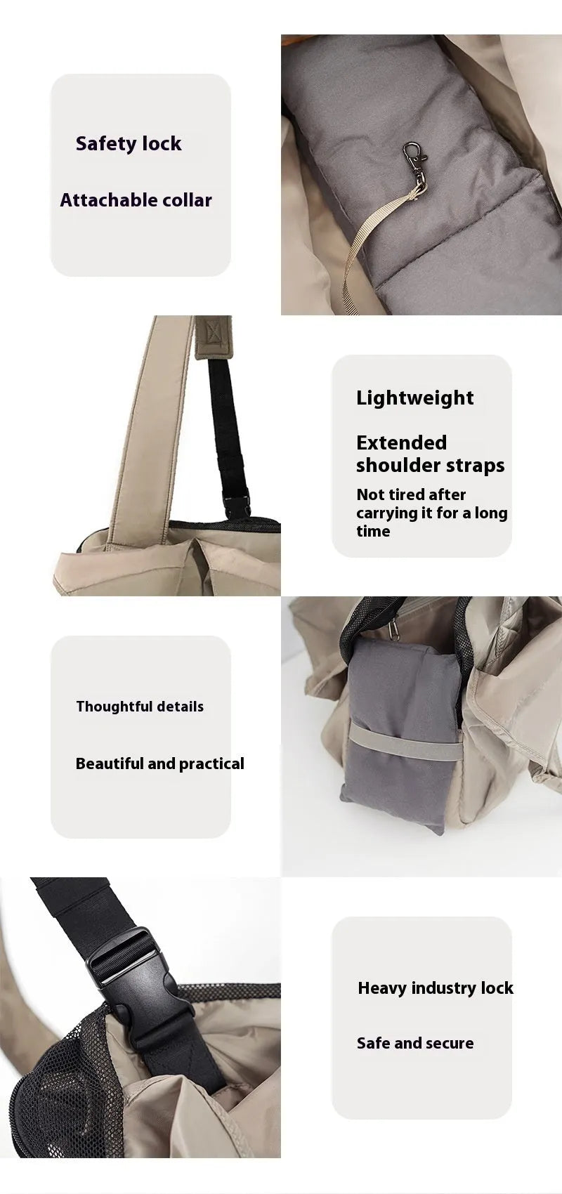 Apricot cloth pet carrier handbag showing dimensions of 41cm length by 16cm width by 28cm height