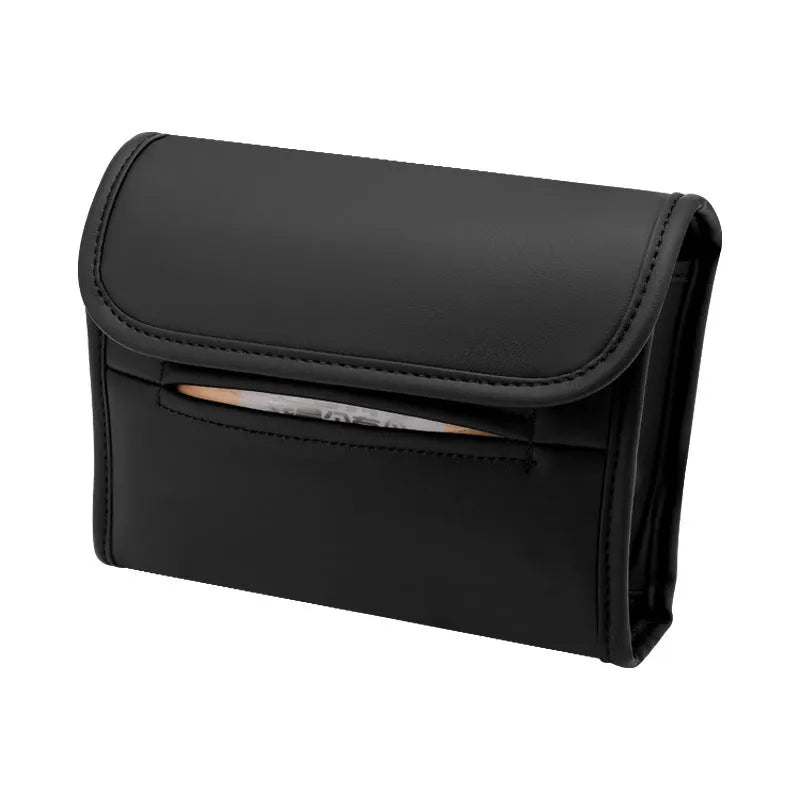 Leather car tissue box with elastic band mounting for sun visor or armrest