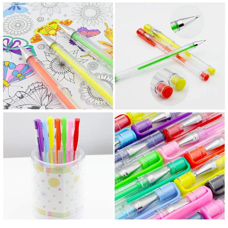 100 gel pens in multiple colours showing 0.5mm and 1mm tips with plastic barrels