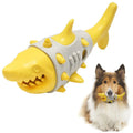 Dog teething leaky toy in blue with shark-tooth surface and treat cavity