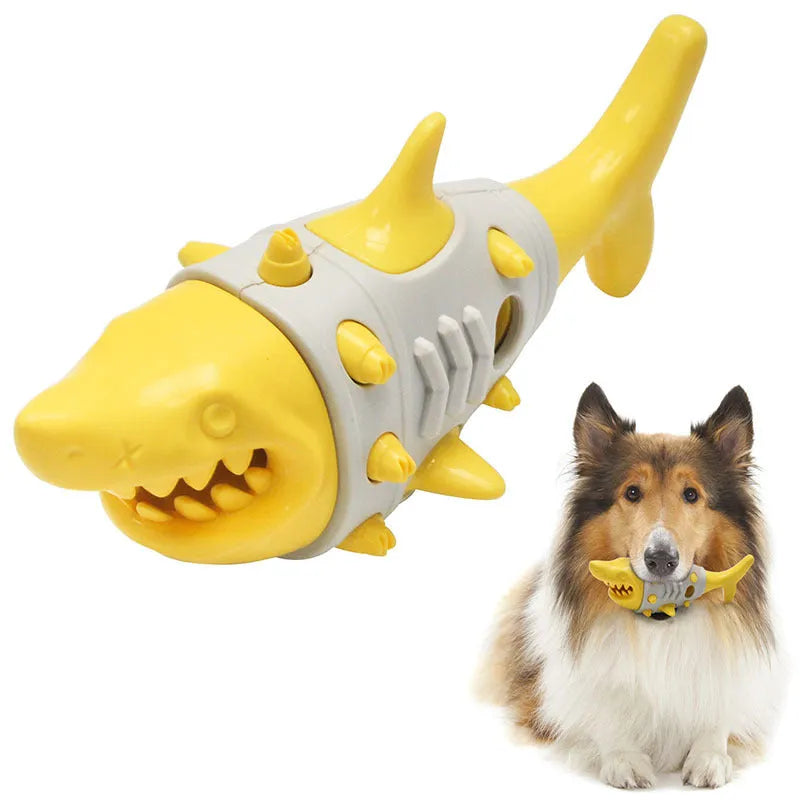 Dog teething leaky toy in blue with shark-tooth surface and treat cavity