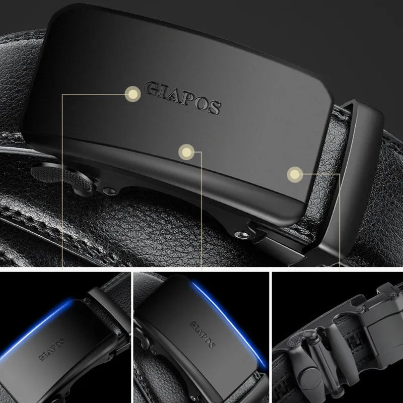 Men's automatic buckle real leather belt in black colour shown on a plain background.
