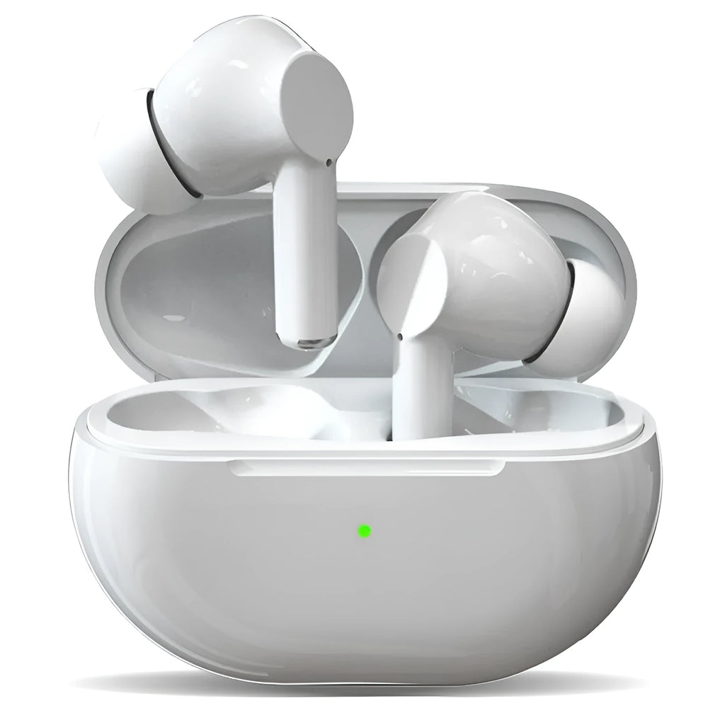 Pro4 wireless Bluetooth earbuds in black and white with charging case and cable