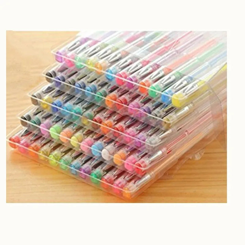 100 gel pens in multiple colours showing 0.5mm and 1mm tips with plastic barrels