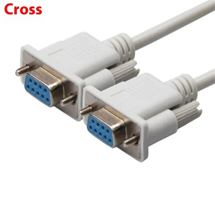 Milky white DB9 female to female RS232 serial port cable with cross wiring, 1.5 metres long.