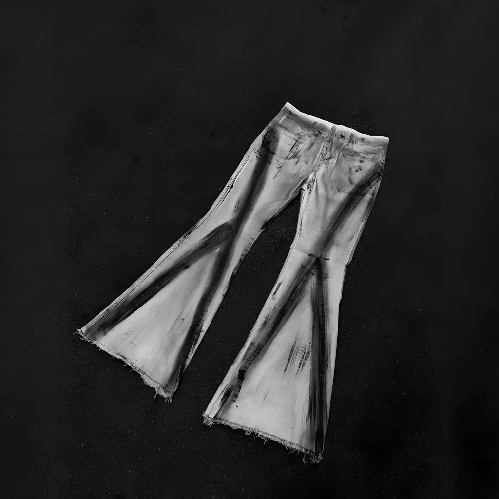 Men's white retro jeans with black gradient wash and heavy selvedge detailing on the outseam.