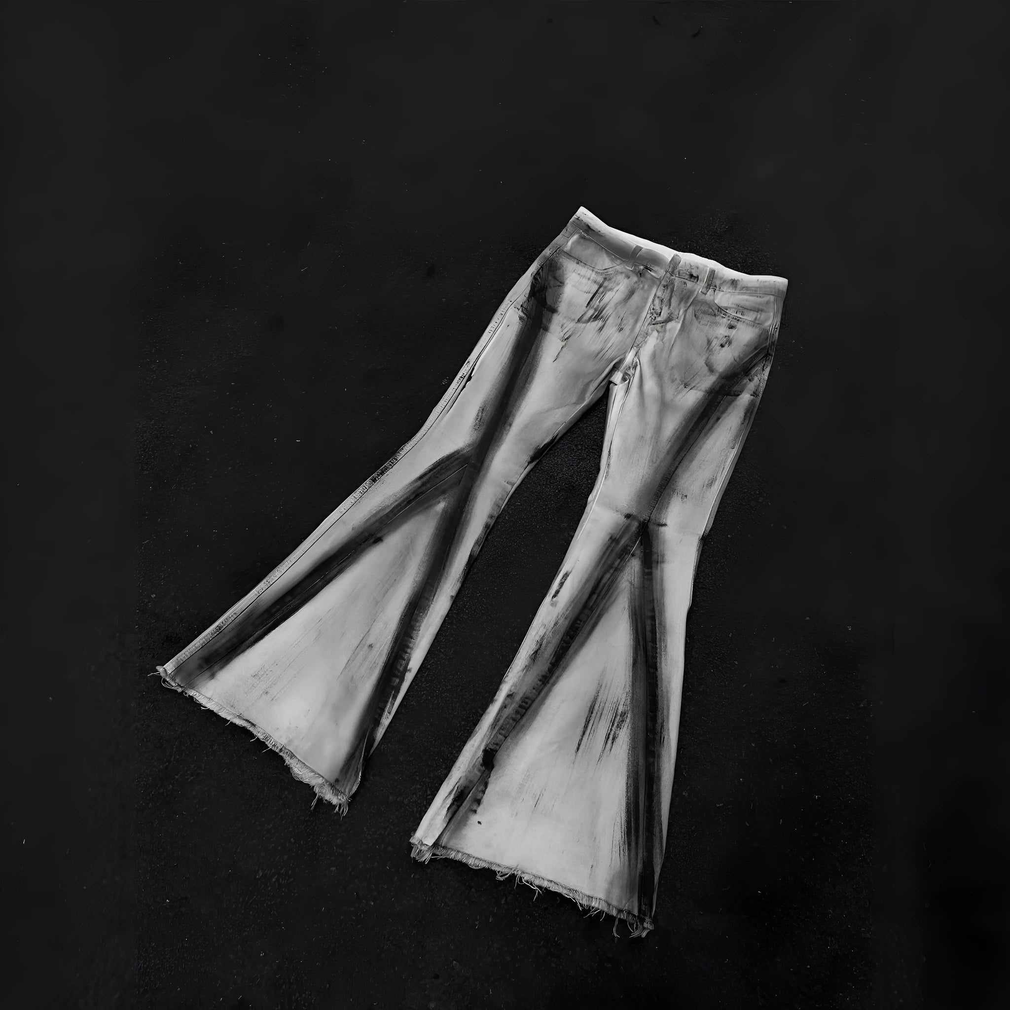 Men's white retro jeans with black gradient wash and heavy selvedge detailing on the outseam.