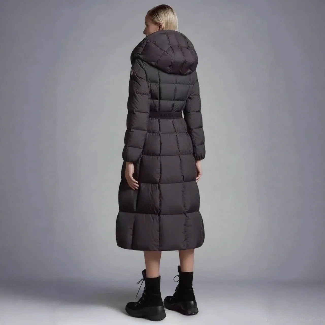 Long casual hooded black white duck down jacket for women, A-line version, medium length 65cm