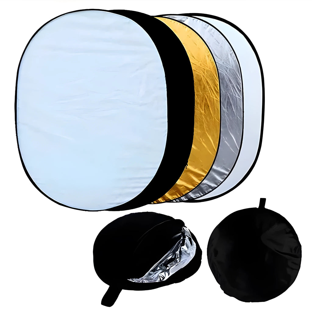 5 in 1 collapsible photography light reflector with gold silver white black translucent surfaces and steel frame