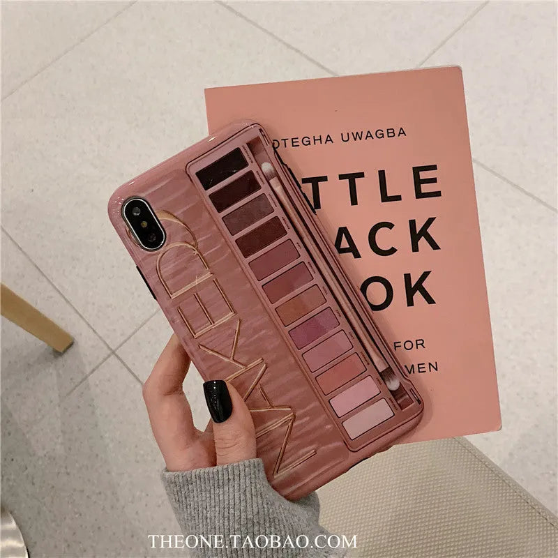 Silicone phone case with eye shadow design for iPhone, shown in flesh and grey colours.