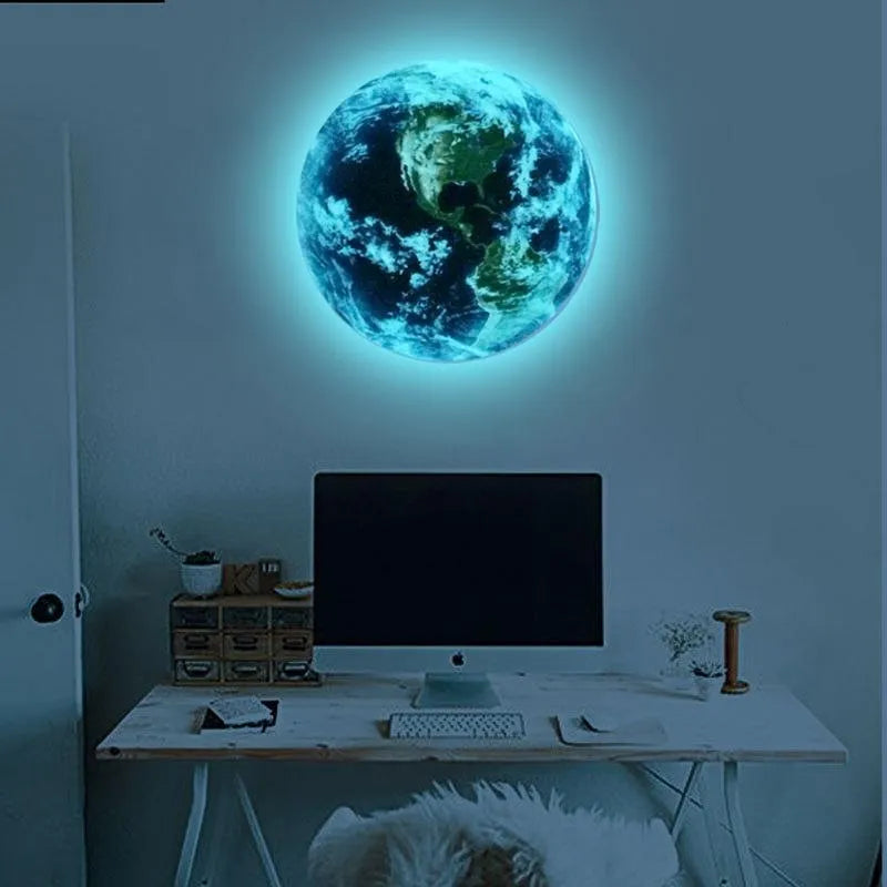 Glow in the dark 3D planet Earth wall sticker showing luminous effect in a dark room