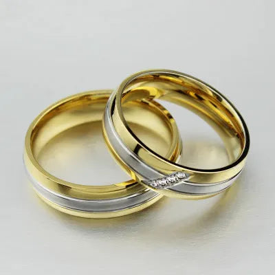 Gold titanium steel couple ring with micro inlay geometric design and diamond accent