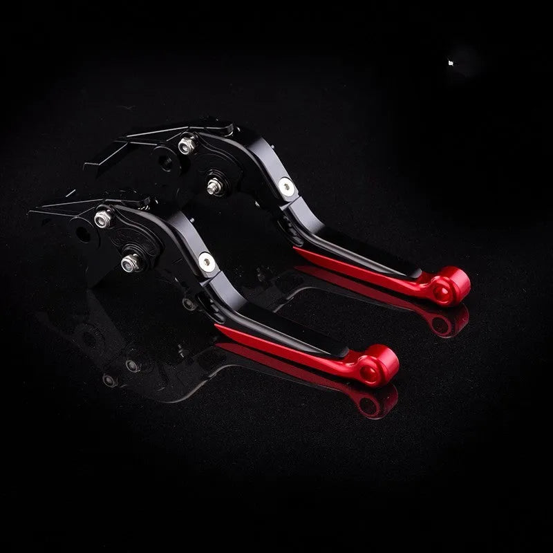 Pair of adjustable motorcycle horn handle levers in a selected colour, showing the 6-speed length adjustment mechanism.