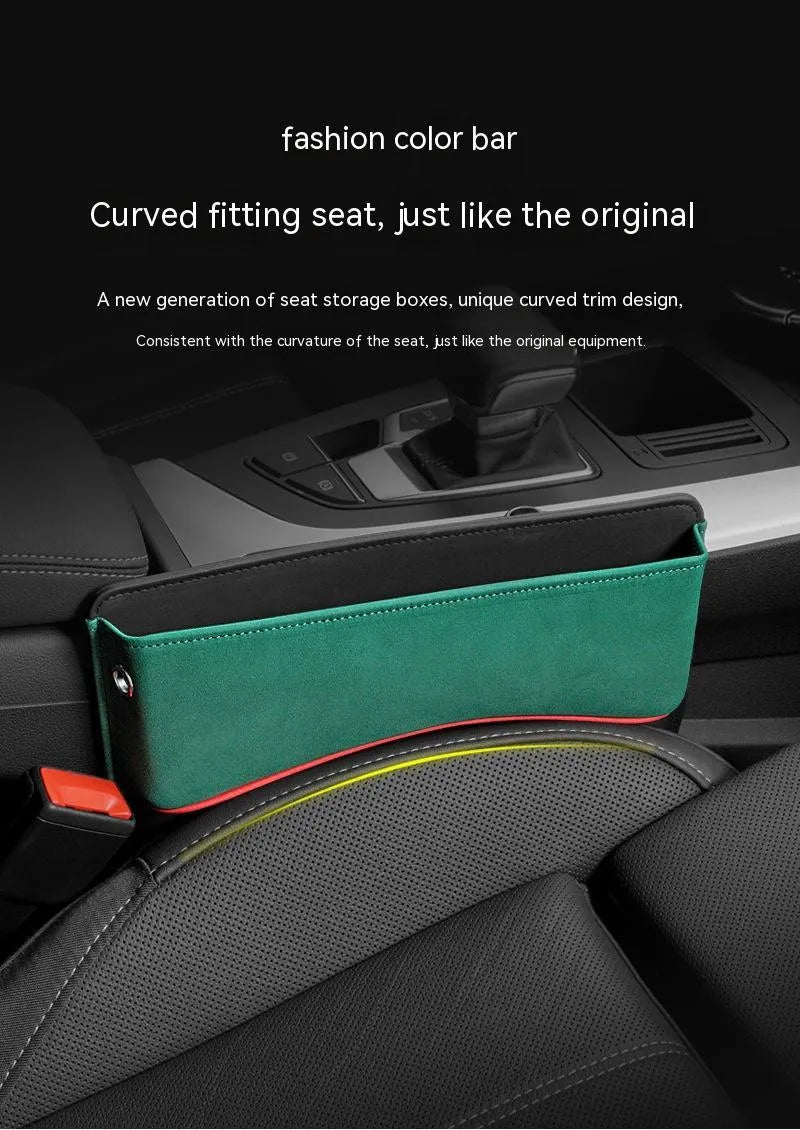Leather car seat storage organiser box in beige colour on a car passenger seat.