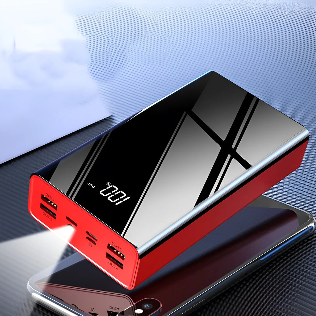 Large 40000mAh power bank with LCD display in red or black colour options.