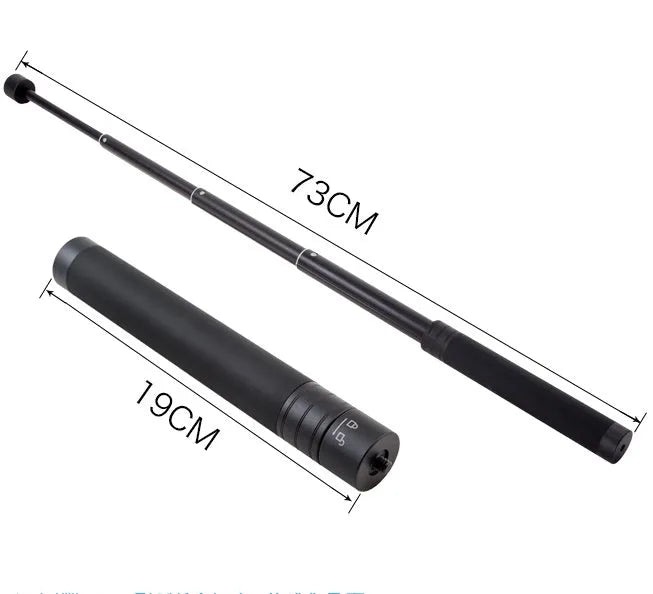 Retracted and extended views of a black aluminium selfie stick with phone holder and separate Bluetooth remote.