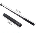 Retracted and extended views of a black aluminium selfie stick with phone holder and separate Bluetooth remote.