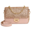 Women's small square sequined PU leather shoulder bag with lock closure, pink colour, 22x16x9cm