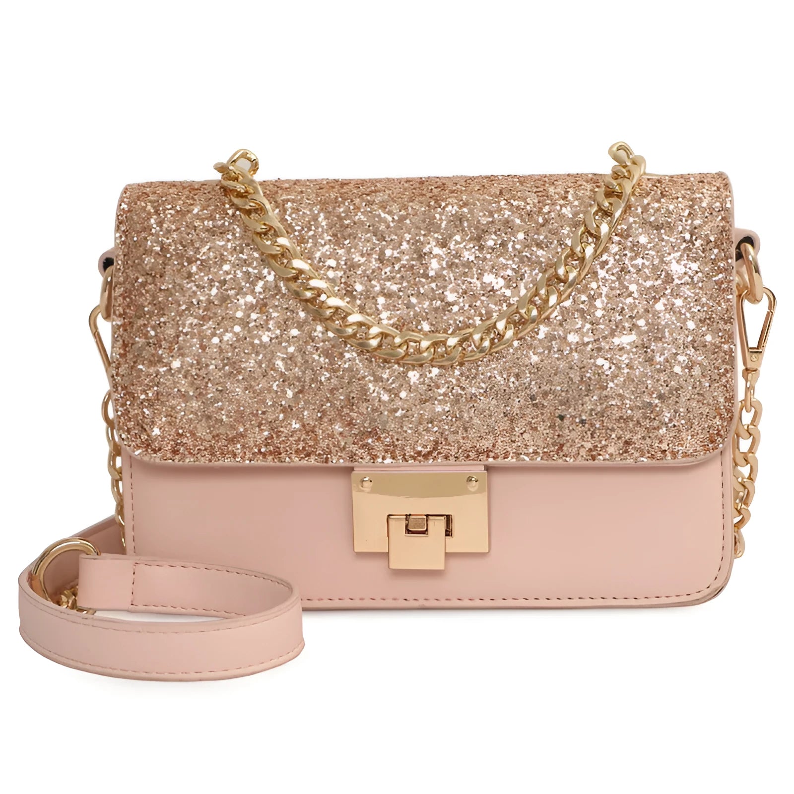 Women's small square sequined PU leather shoulder bag with lock closure, pink colour, 22x16x9cm