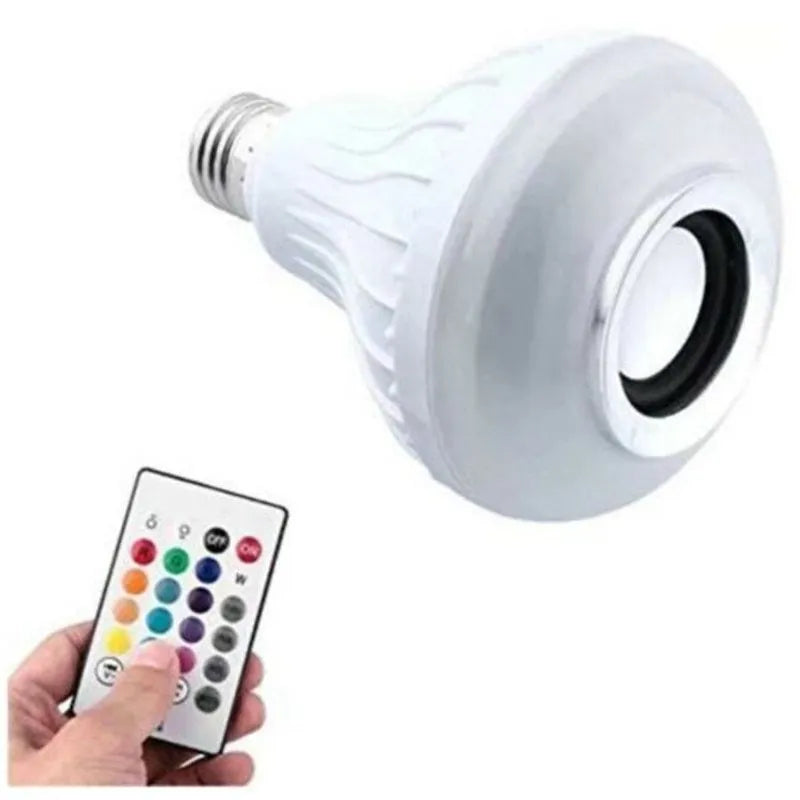 White smart LED bulb with E27 base featuring built-in Bluetooth speaker and remote control for 16 colour lighting.