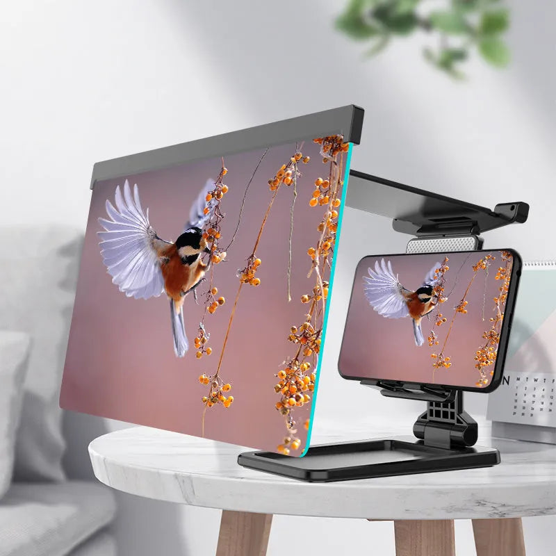 Black folding mobile phone screen amplifier with detachable holder showing 12-inch curved magnifier