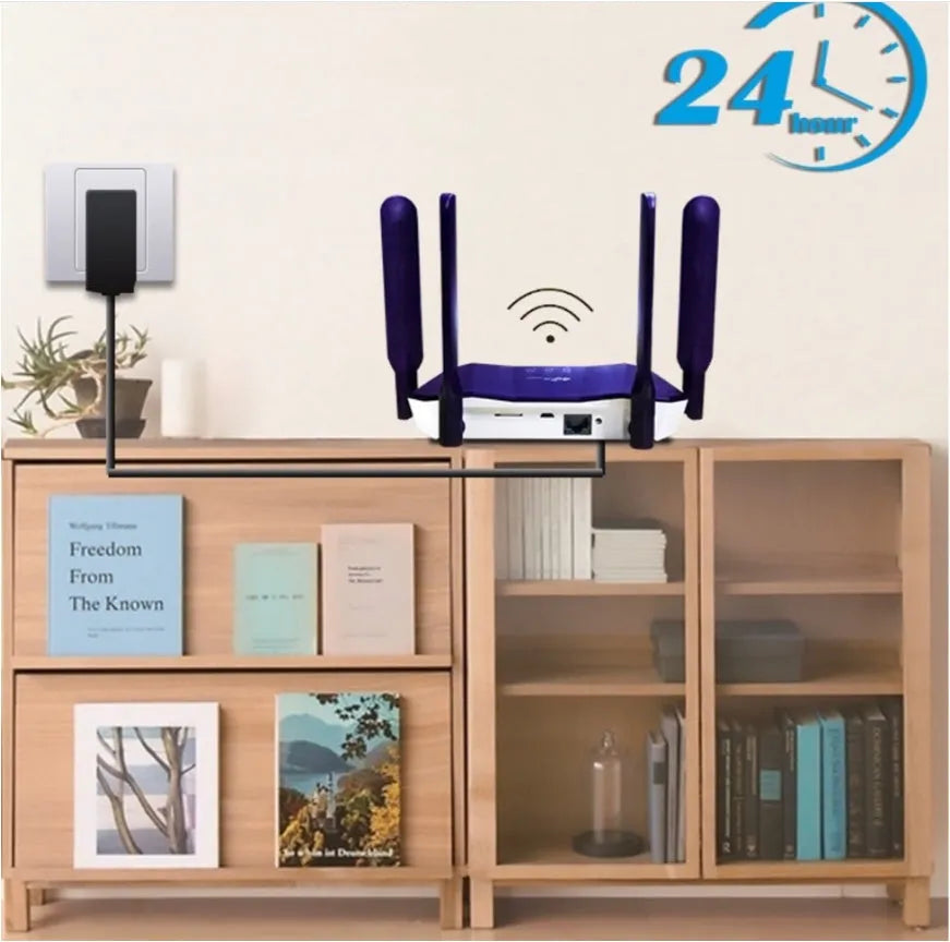 Blue 4G dual-mode wireless wired router with four external antennas.