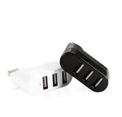 USB 2.0 hub splitter with spinning colour design in black and white colour options showing multiple connection ports