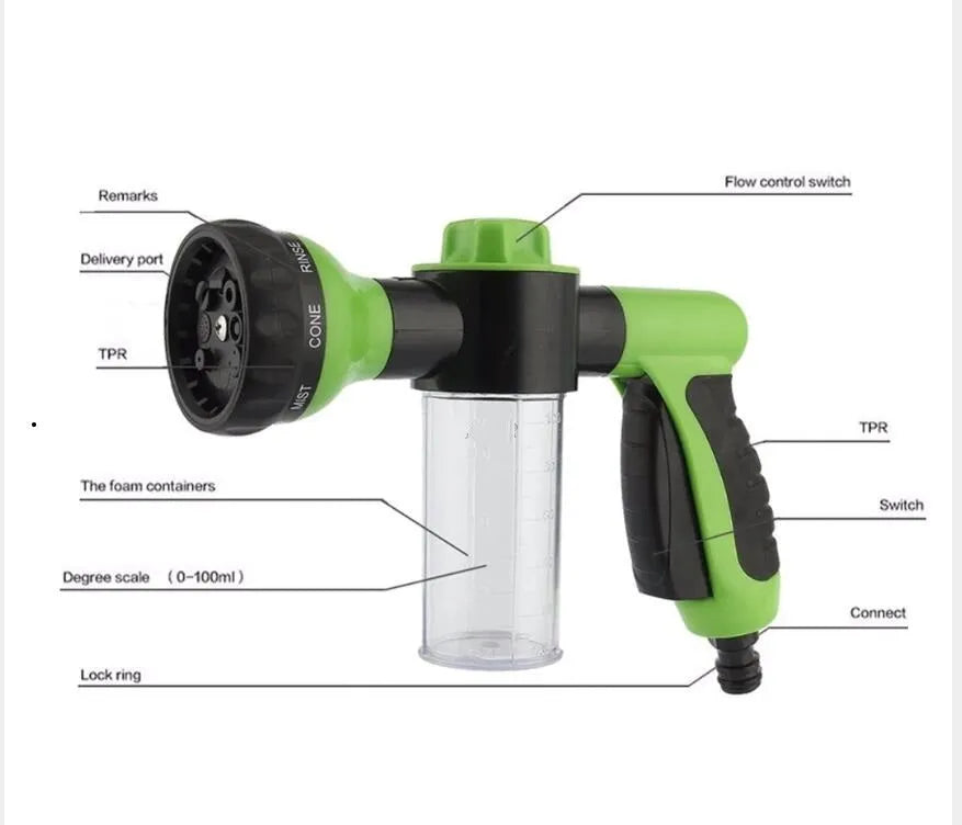 Green high-pressure foam spray gun with adjustable nozzle showing eight spray pattern settings