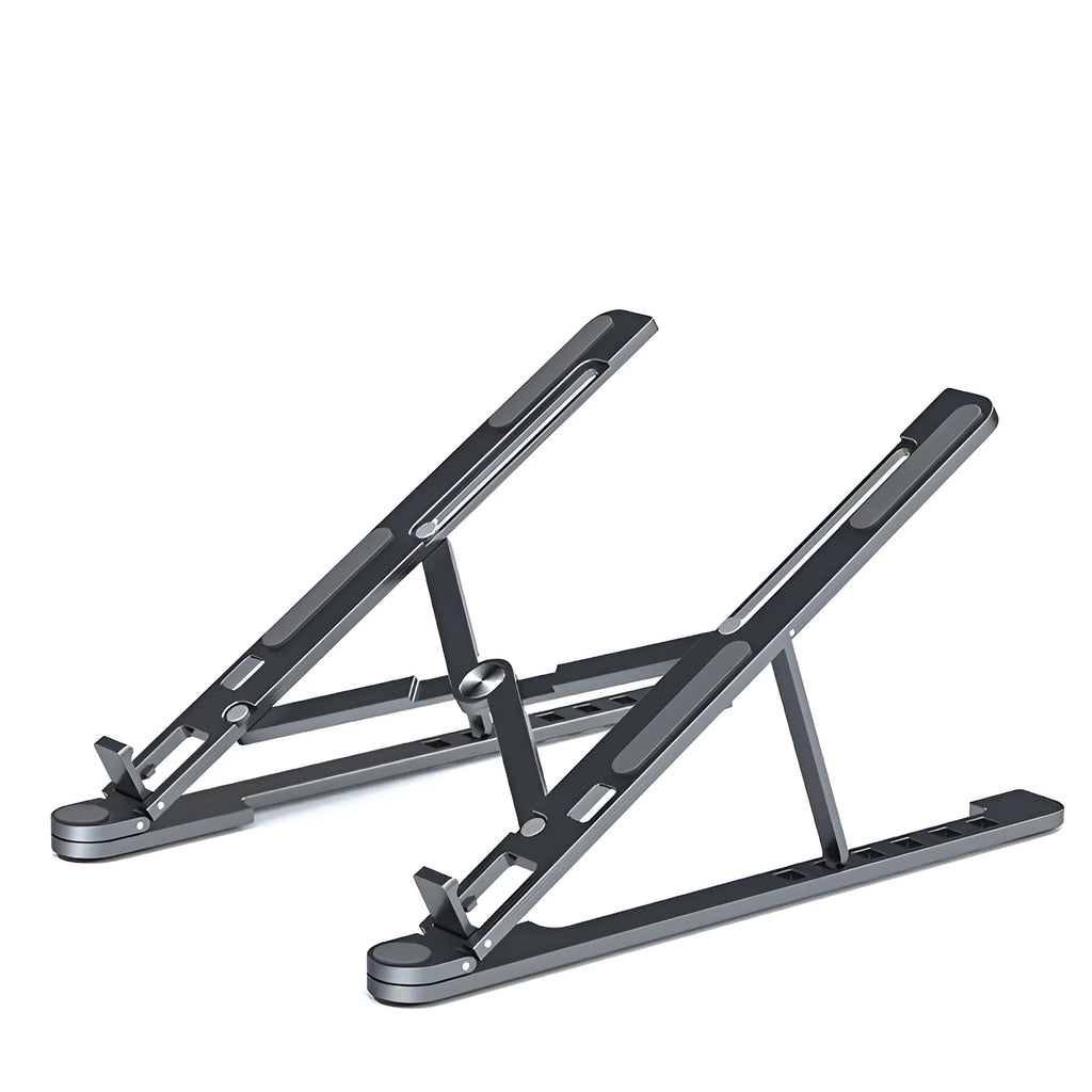 Portable foldable aluminum laptop stand shown in silver colour at an adjustable angle