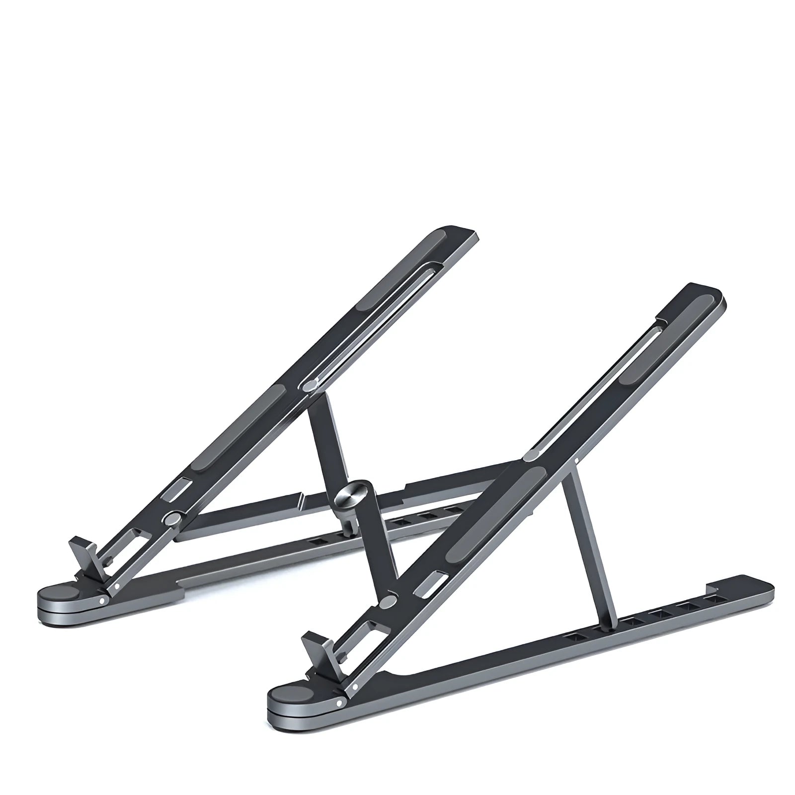 Portable foldable aluminum laptop stand shown in silver colour at an adjustable angle